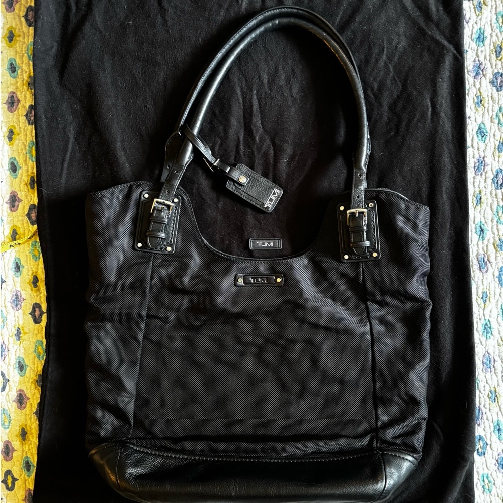 Tumi Black Tote Bag with Leather Trim and Metal Hardware